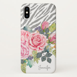 Girly graue Zebra-Druckchic-Rosa-Rosen mit Namen Case-Mate iPhone Hülle