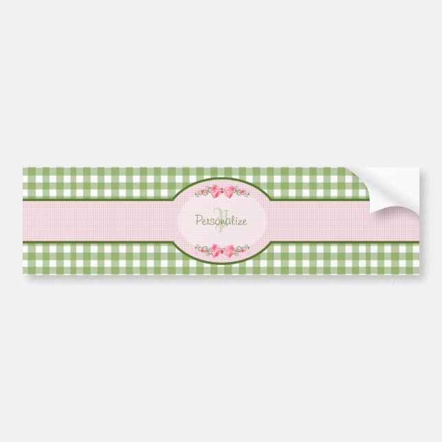 Girly Green Gingham Monogramm mit Namen Autoaufkleber (Vorne)