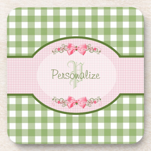 Girly Green Gingham Monogramm mit Namen Getränkeuntersetzer (Vorderseite)