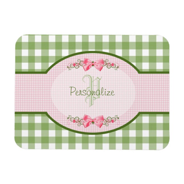 Girly Green Gingham Monogramm mit Namen Magnet (Horizontal)