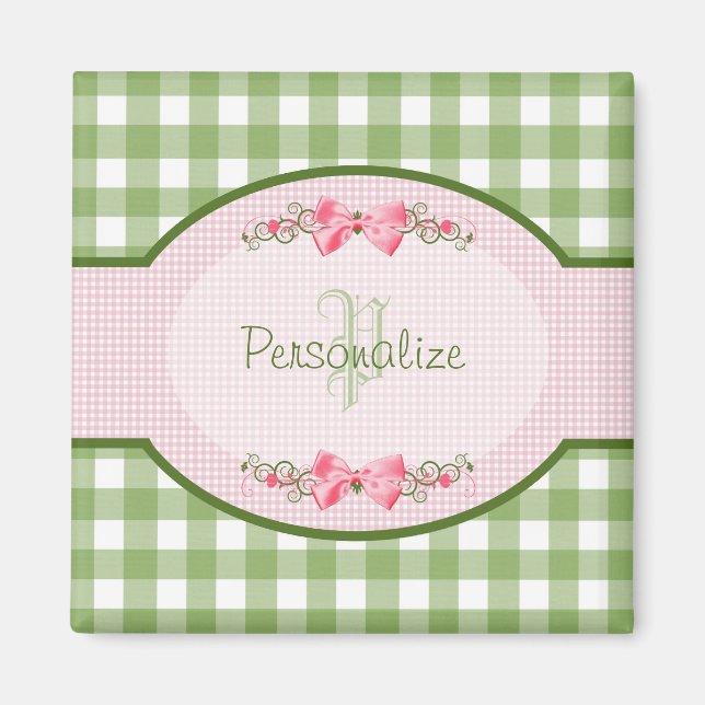 Girly Green Gingham Monogramm mit Namen Magnet (Vorne)