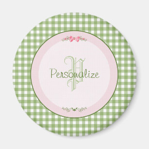 Girly Green Gingham Monogramm mit Namen Magnet