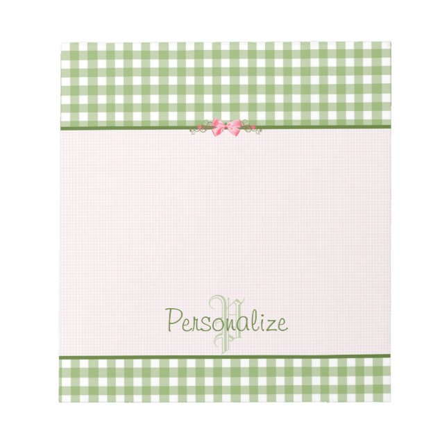 Girly Green Gingham Monogramm mit Namen Notizblock (Vorderseite)