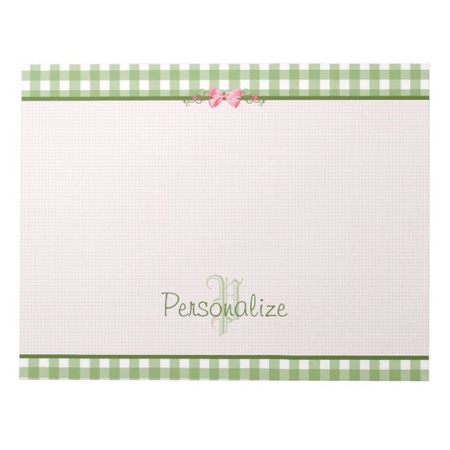 Girly Green Gingham Monogramm mit Namen Notizblock (Vorderseite)