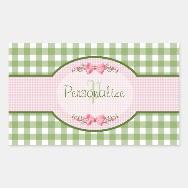 Girly Green Gingham Monogramm mit Namen Rechteckiger Aufkleber (Vorderseite)