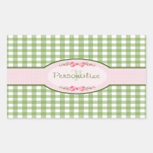 Girly Green Gingham Monogramm mit Namen Rechteckiger Aufkleber