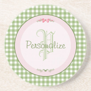 Girly Green Gingham Monogramm mit Namen Sandstein Untersetzer