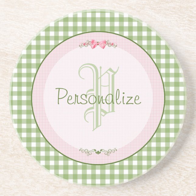 Girly Green Gingham Monogramm mit Namen Sandstein Untersetzer (Vorne)