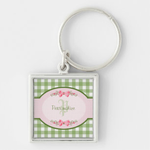 Girly Green Gingham Monogramm mit Namen Schlüsselanhänger