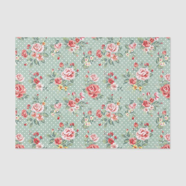 Girly Green Polka Dot Vintages Blumenmuster Seidenpapier (Vorderseite)