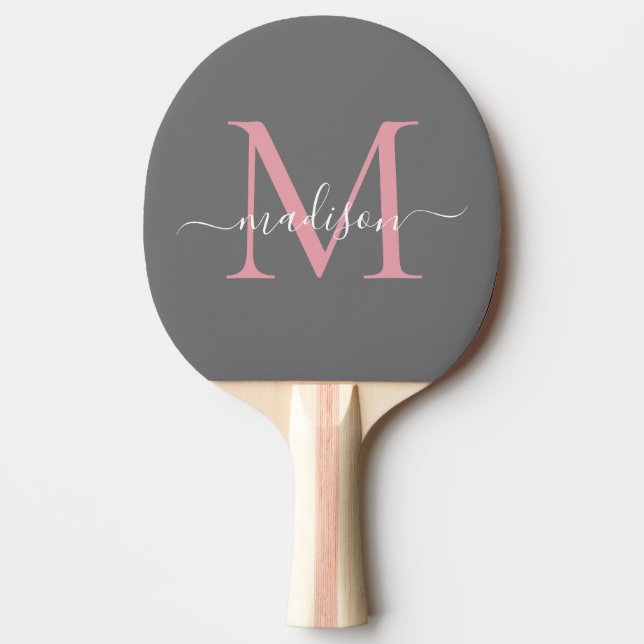 Girly Grey Blush Pink Monogram Feminine Script Tischtennis Schläger (Vorderseite)