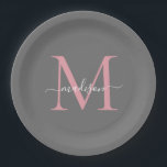 Girly Grey Blush Pink Monogram Trendy Script Name Pappteller<br><div class="desc">Einfache moderne,  trendige,  graue Rosa Monogramm Moderne Feminine Script Name Paper Plate</div>
