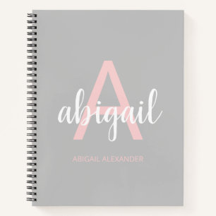 Girly Grey Pink Stilvolle moderne Monogram Name Notizbuch