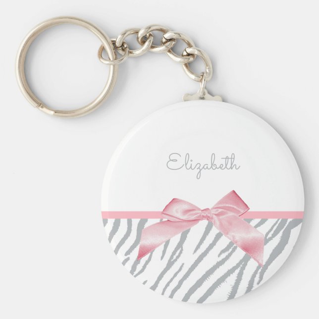 Girly Grey Tiger Stripes Animal Print mit Namen Schlüsselanhänger (Vorne)