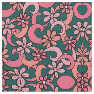 Girly Groovy Pink Coral Green 70er Blume Muster Stoff