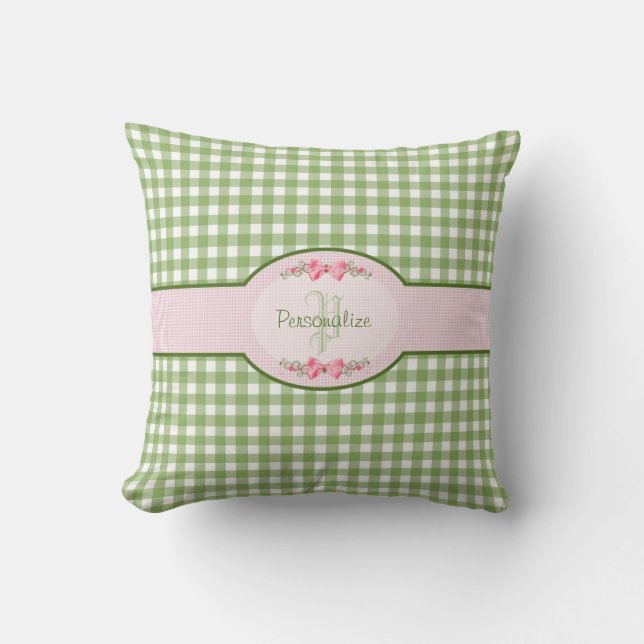 Girly grünes Gingham-Monogramm mit Namen Kissen (Vorderseite)