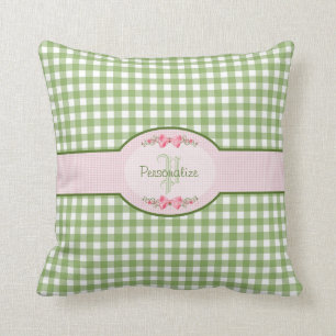 Girly grünes Gingham-Monogramm mit Namen Kissen