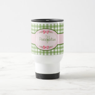 Girly grünes Gingham-Monogramm mit Namen Reisebecher