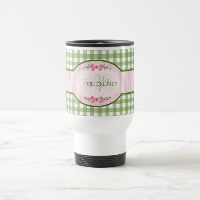 Girly grünes Gingham-Monogramm mit Namen Reisebecher (Mittel)