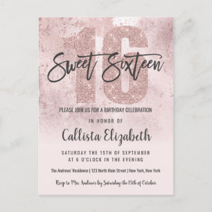 Girly Grunge Rose Gold Pink Glitzer Foil Sweet 16 Einladungspostkarte