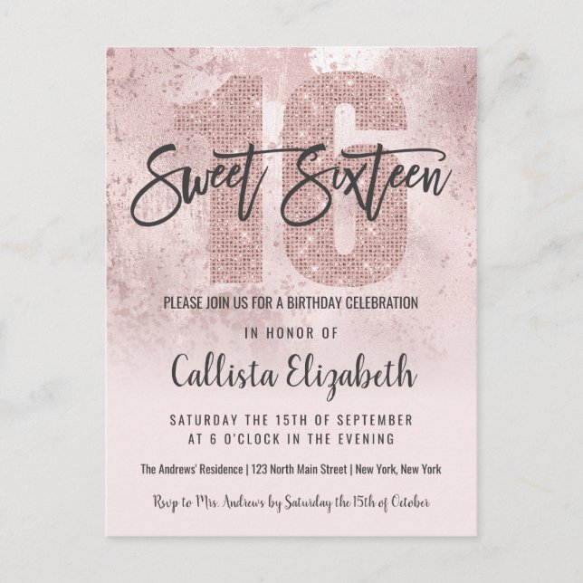 Girly Grunge Rose Gold Pink Glitzer Foil Sweet 16 Einladungspostkarte (Vorderseite)
