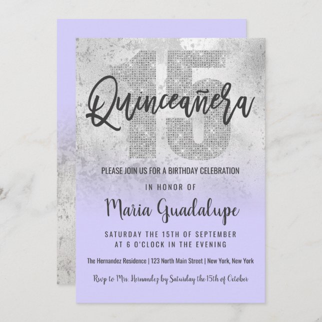 Girly Grunge Silver Lilac Glitzer Foil Quinceañera Einladung (Vorne/Hinten)