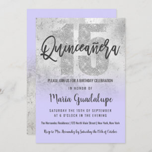 Girly Grunge Silver Lilac Glitzer Foil Quinceañera Einladung