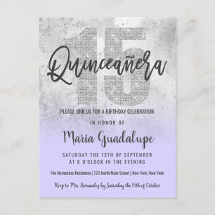 Girly Grunge Silver Lilac Glitzer Foil Quinceañera Einladungspostkarte
