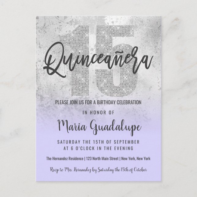 Girly Grunge Silver Lilac Glitzer Foil Quinceañera Einladungspostkarte (Vorderseite)