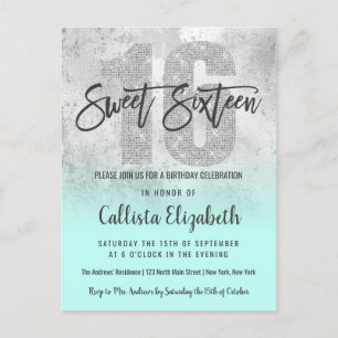 Girly Grunge Silver Mint Glitzer Foil Sweet 16 Einladungspostkarte