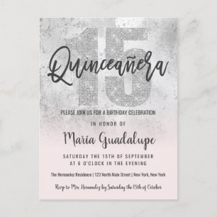 Girly Grunge Silver Pink Glitzer Foil Quinceañera Einladungspostkarte
