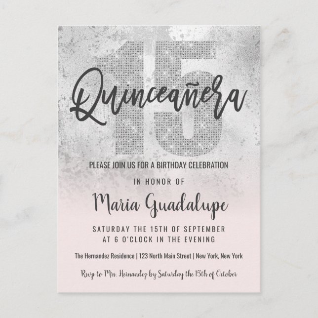 Girly Grunge Silver Pink Glitzer Foil Quinceañera Einladungspostkarte (Vorderseite)
