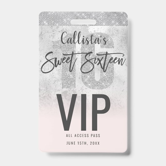 Girly Grunge Silver Pink Glitzer Foil Sweet 16 Ausweis (Vorderseite)