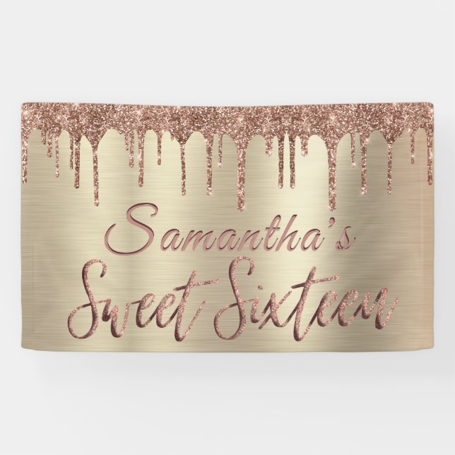 Girly Happy Birthday Sweet 16 Rose Gold Glitzer Banner (Horizontal)