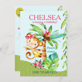 Girly Happy Monkey Blue Birthday Einladung