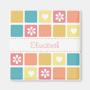 Girly Heart Square Pattern Retro Daisy Blume Magnet