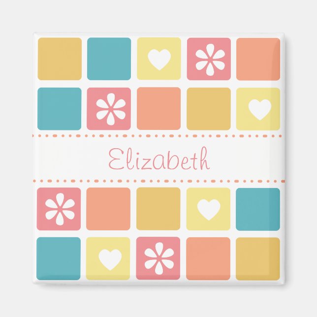 Girly Heart Square Pattern Retro Daisy Blume Magnet (Vorne)