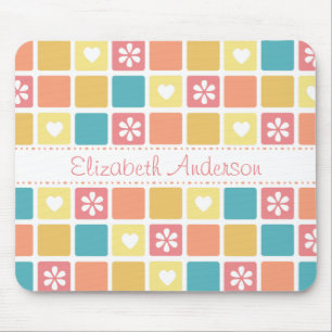 Girly Heart Square Pattern Retro Daisy Blume Mousepad