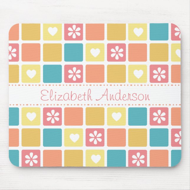 Girly Heart Square Pattern Retro Daisy Blume Mousepad (Vorne)