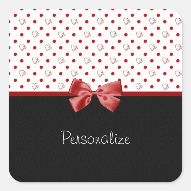 Girly Hearts und Polka Punkte mit Namen Quadratischer Aufkleber (Vorderseite)