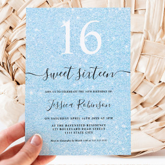 Girly hellblauer Glitzer Glitzern chic Sweet 16 Einladung