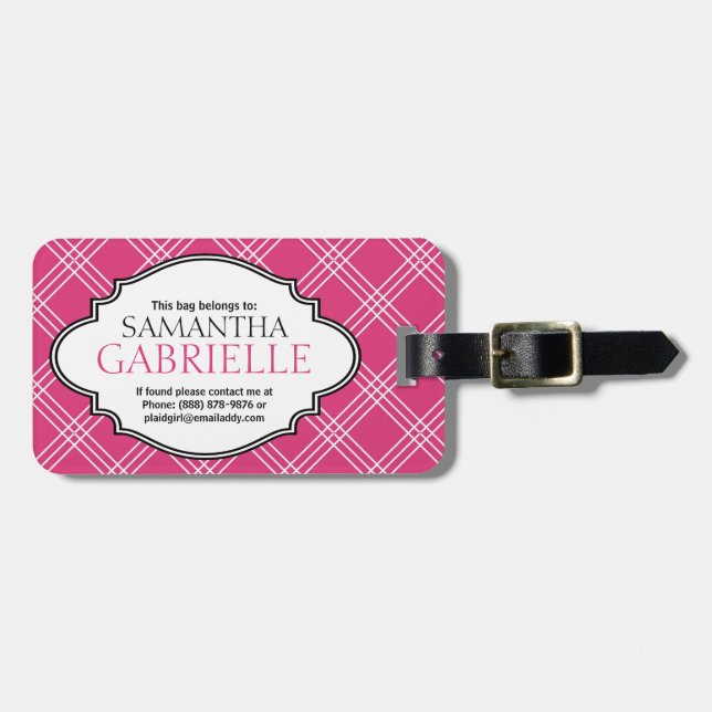 Girly helles rosa Schachbrett-karierter Gepäckanhänger (Vorderseite horizontal)