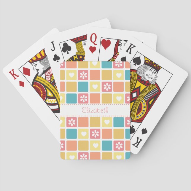 Girly Herz-Quadrat-Muster-Retro Spielkarten (Rückseite)