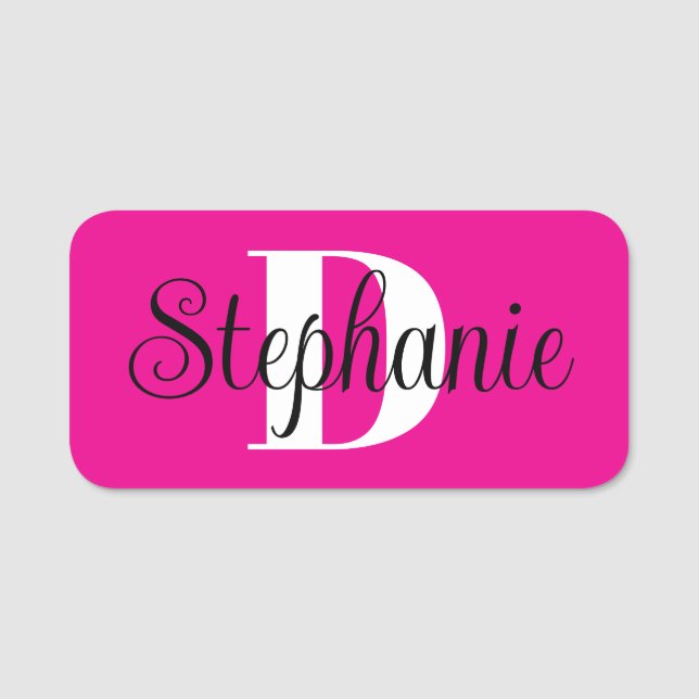 Girly Hot Pink Black and White Modern Monogram Namensschild (Vorderseite)