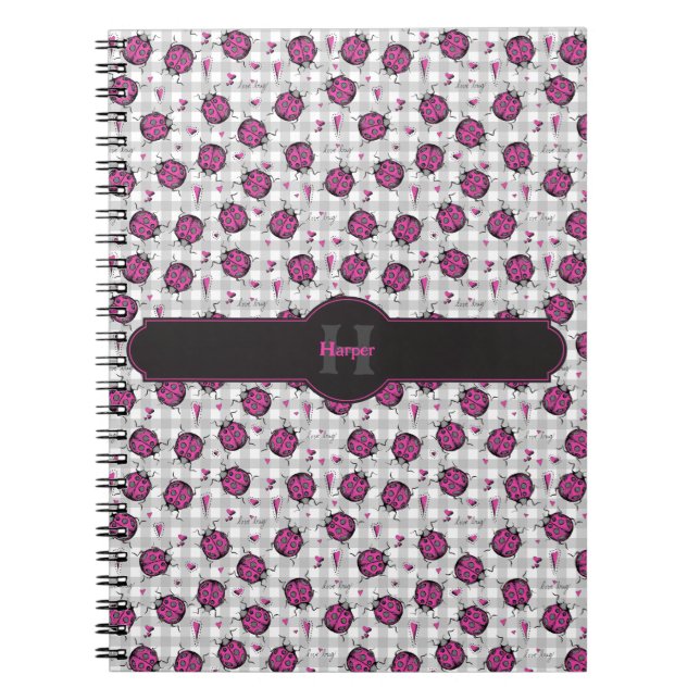 Girly Hot Pink & Black Ladybugs Gingham Name Notizblock (Vorderseite)