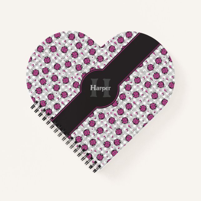 Girly Hot Pink & Black Ladybugs Gray Gingham Heart Notizbuch (Vorderseite)