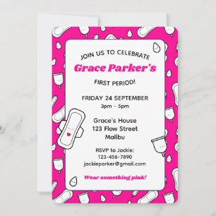 Girly Hot Pink Cartoon Pad Erster Zeitraum Party Einladung