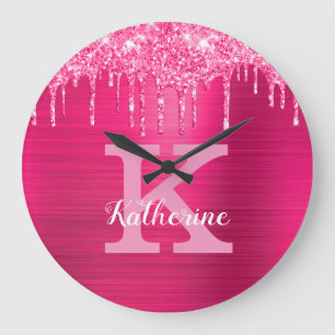 Girly Hot Pink Glitter Drips Glam Monogram Name Große Wanduhr