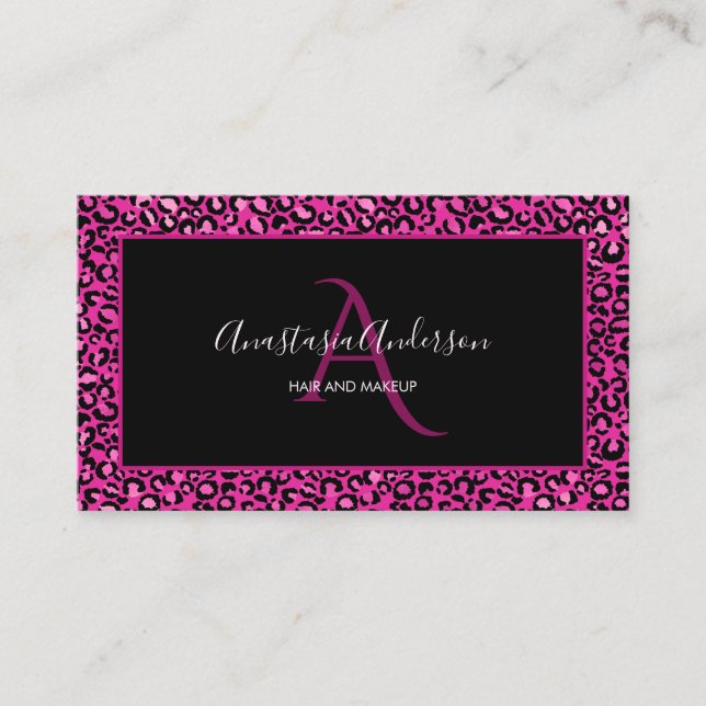 Girly Hot Pink Leopard Spots Chic Black Monogram Visitenkarte (Vorderseite)