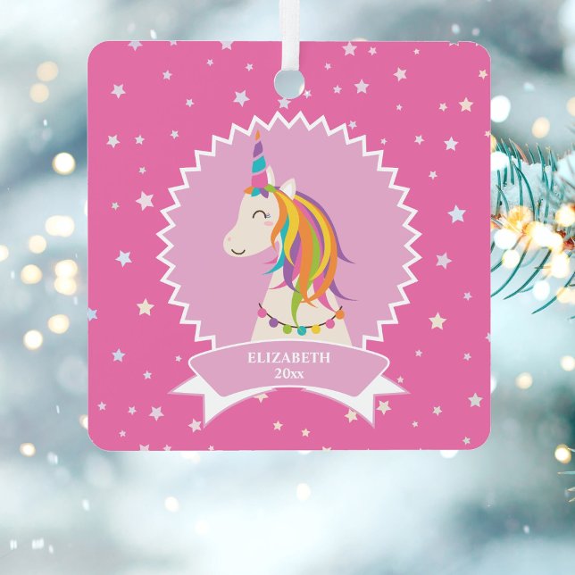 Girly Hot Pink Magical Unicorn Foto Ornament Aus Metall (Von Creator hochgeladen)